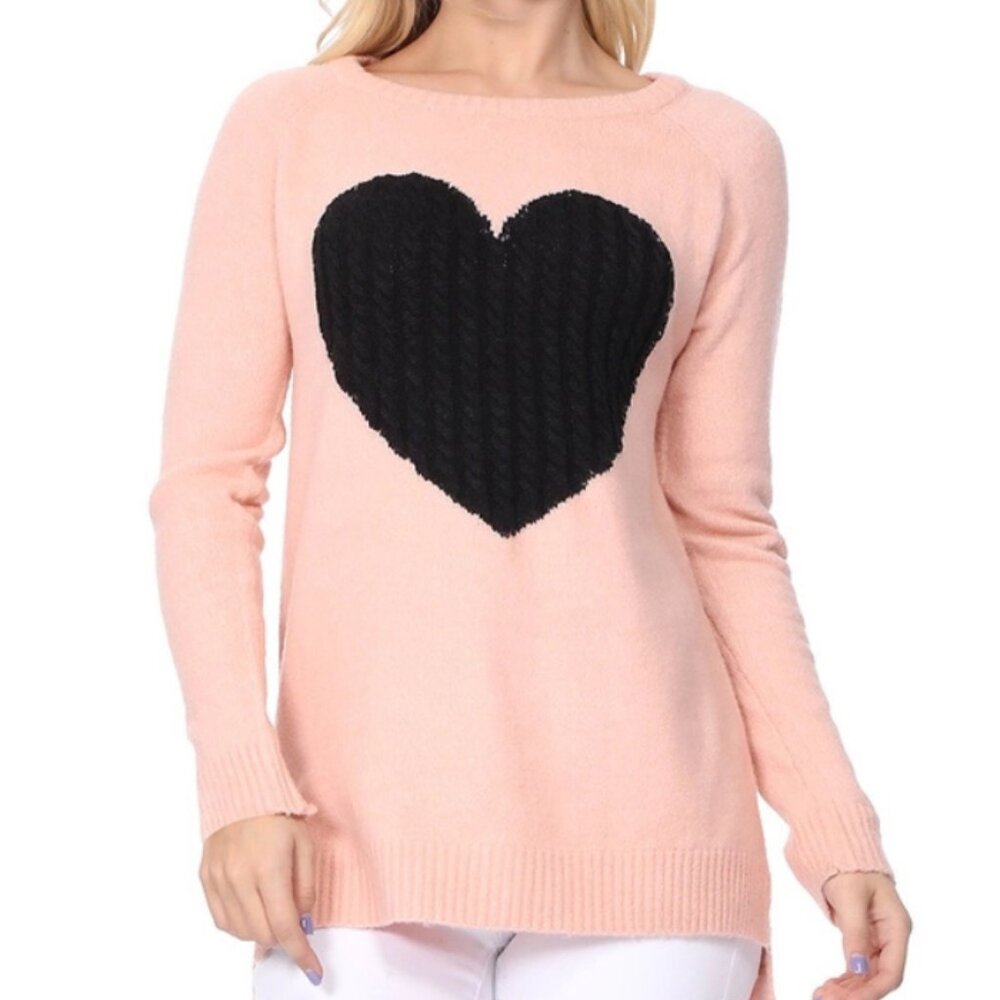 Cozy Heart Jacquard Round Neck Pullover Sweater "Peach & Red"